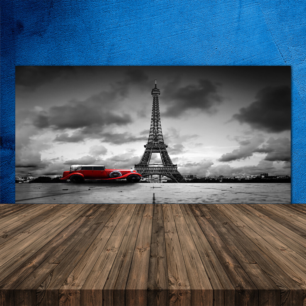 Crédence de cuisine en verre 120x60 cm avec impression de la Tour Eiffel et voiture vintage