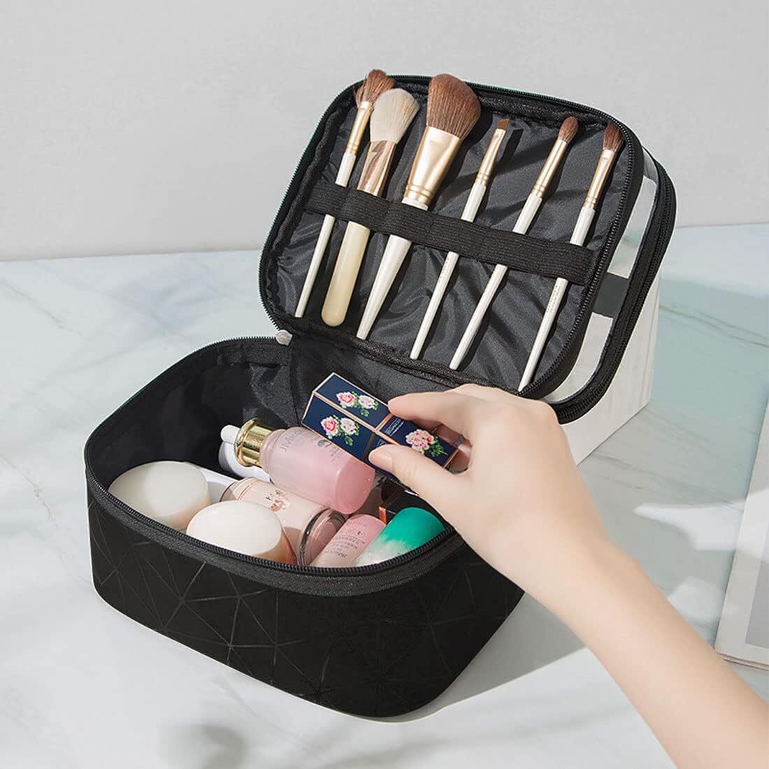 Beauty Case Donna In Pelle PU Impermeabile - Borsa Portatrucchi Con Manico E Zip Doppia, Trousse Da Viaggio Colore Albicocca