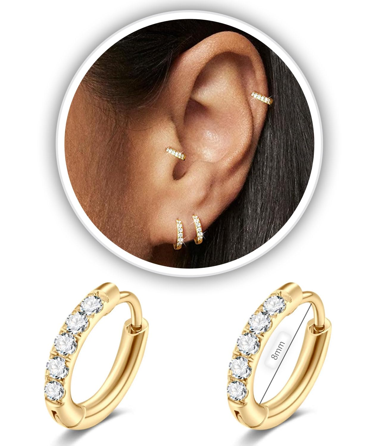 14K Gold Plated Small Hoop Earrings for Women & Men - 316L Surgical Steel  