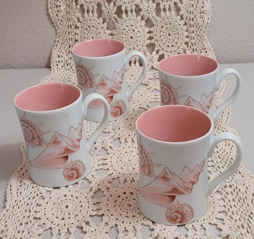 Fitz & Floyd Coquille Coffee Tea Mugs Pink Shells 1976 Japan Vintage Set of 4