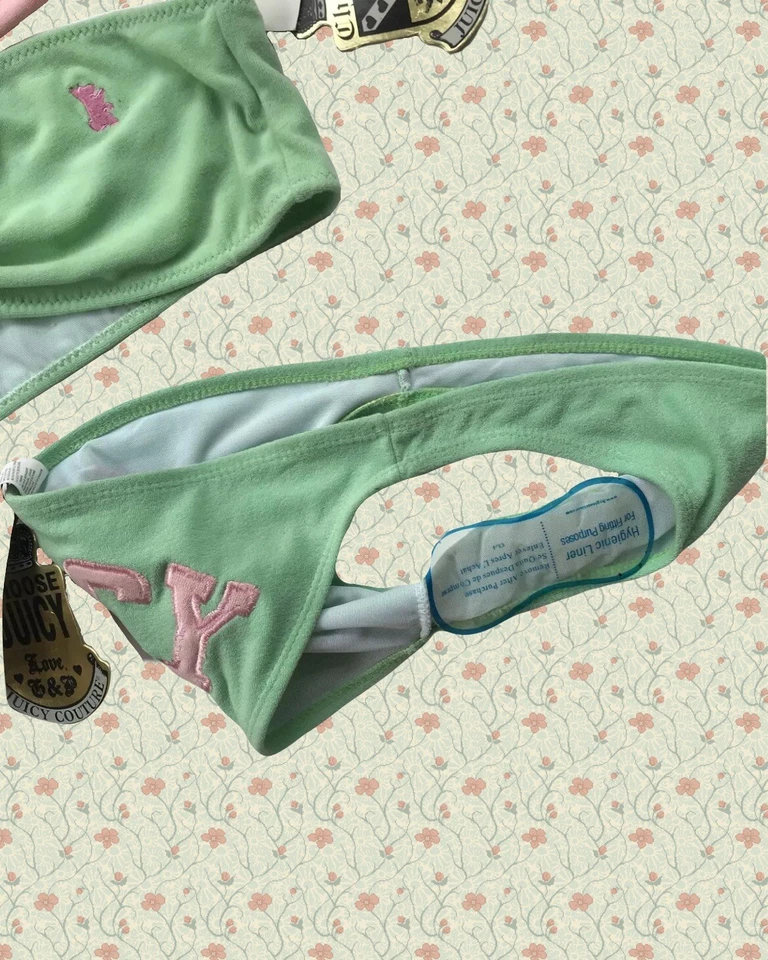 Conjunto de bikini Juicy Couture parte inferior mediana parte superior grande rosa verde vintage nuevo con etiquetas Y2K Foto 3 de 4