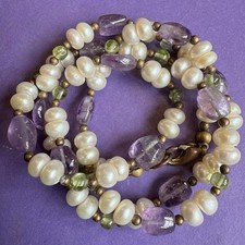 20” Genuine Pearl Amethyst & Peridot Necklace Very Good Condition