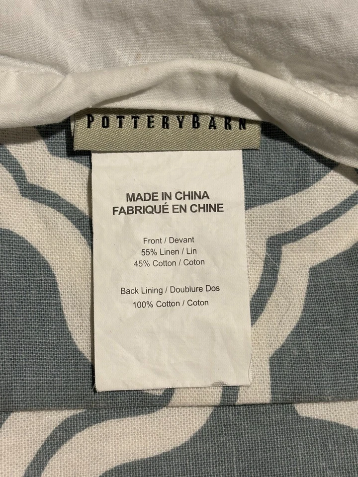 Pottery Barn Curtain Panels Lined Cotton Geometric Blue White w/ Rings Kendra - Image 3 of 4