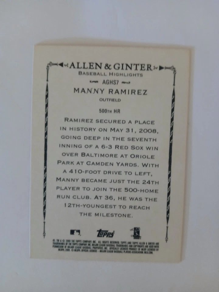 Manny Ramirez 2009 Topps Allen And Ginter Baseball Highlights #AGHS7 - Image 2 of 2