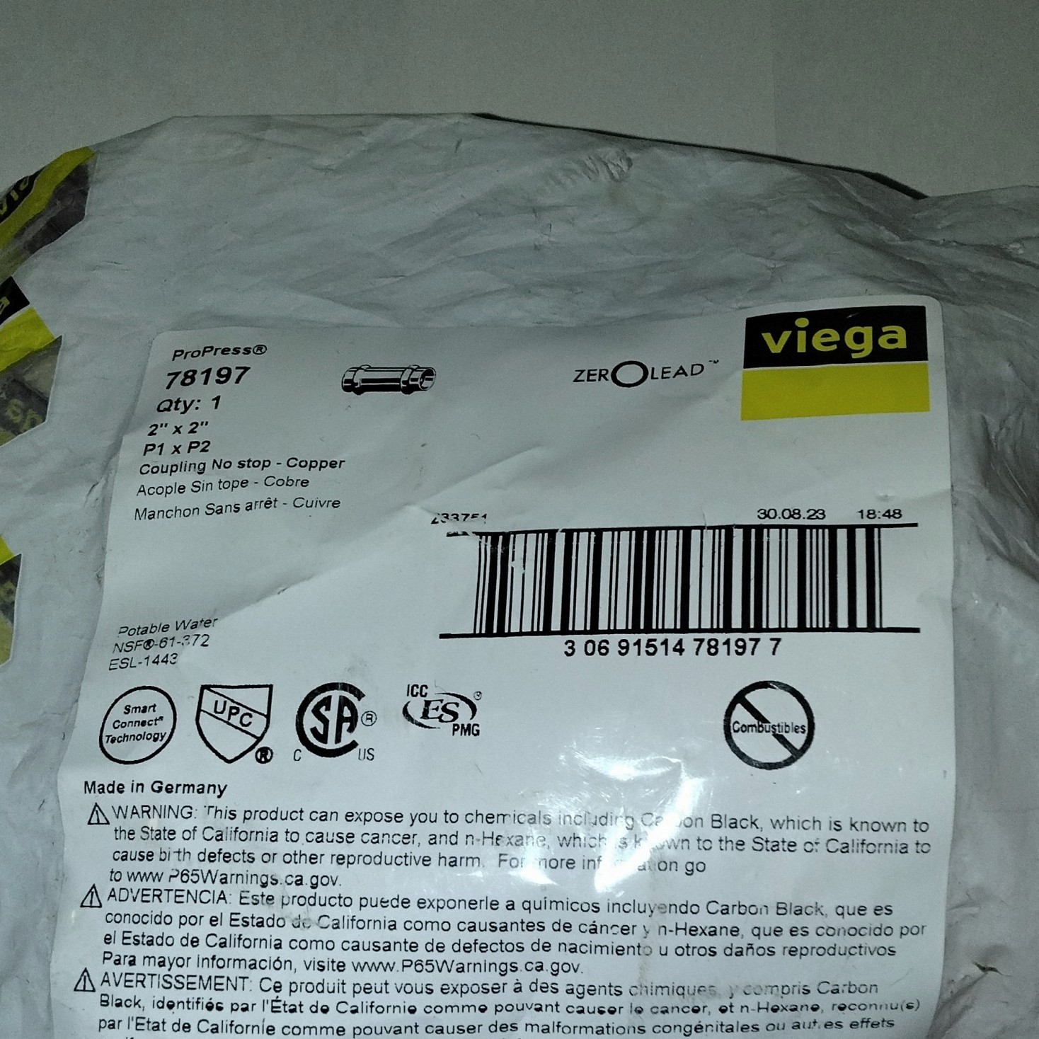 Viega ProPress 2in Copper Coupling, Potable Water, 1-Pack, MPN 78197