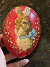 Antique Victorian 5” German Paper Mâché Easter Egg – Rabbit w/ Pussy Willows