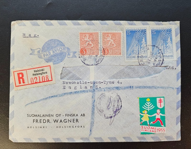 Finland 1955 Registered Cover #021108 Helsinki to Newcastle-upon-Tyne England