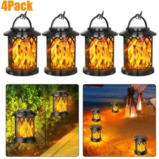 4x LED Flickering Flame Solar Hanging Lights Lantern Outdoor Garden Pathway Lamp