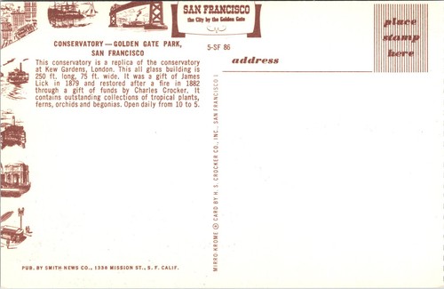 San Francisco California Golden Gate Park Conservatory Vintage Postcard - Picture 2 of 2