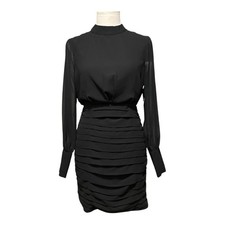 Lulus Black Mini Ruched Sheath Dress with Long Cuffed Sleeves and Mock Neck Sml