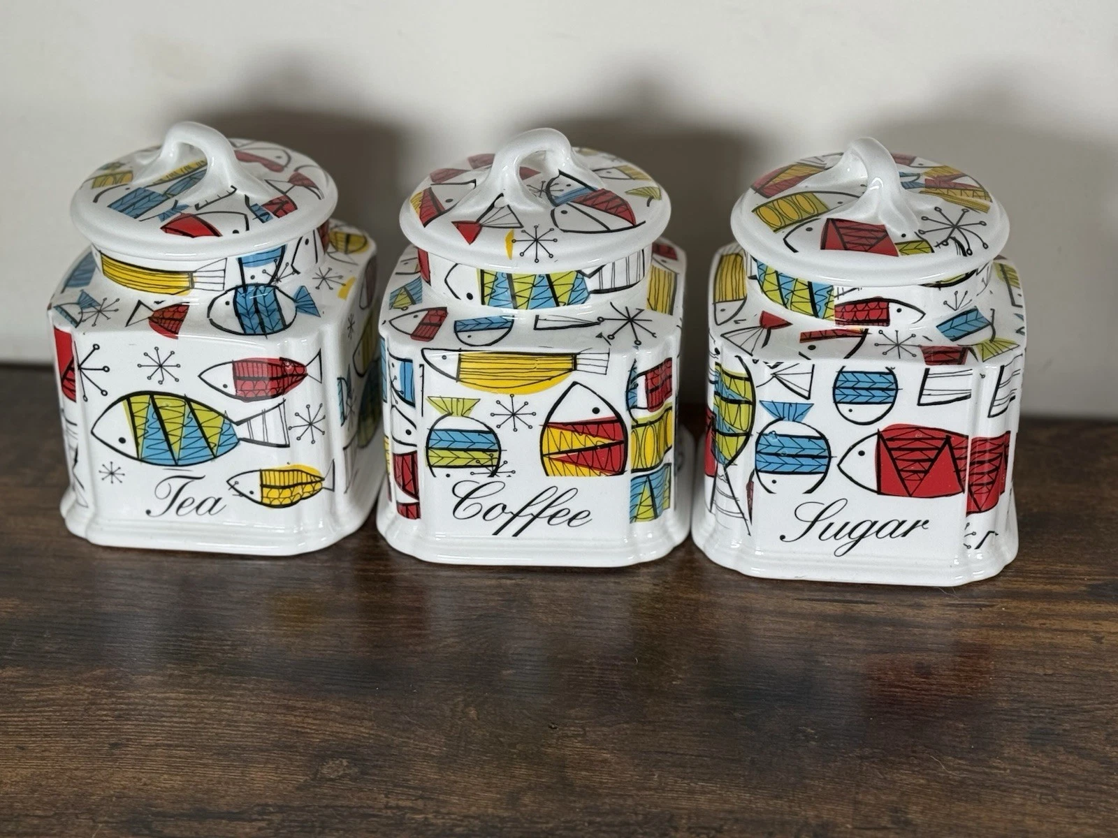 Funky Fish Tea, Coffee & Sugar Cannister Jars Bone China John Milton Influence