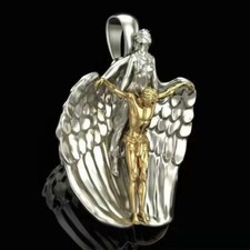 JESUS ANGEL WING MEMORIAL BLESS FAITH pendant 24" 925 Sterling Silver Necklace