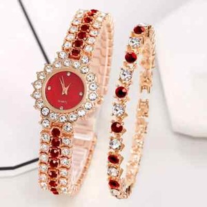 Authentic Women Watch Gold Plated Luxury Red Rhinestone Sophisticated Accessory Bracelet
