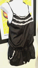 Vtg Victoria's Secret Black Polka Dot Lace Sleep Romper w/Pockets Med xbw