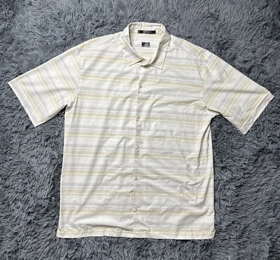 Nike Golf Tiger Woods Shirt Men s Large Dri-Fit Striped Button Up Short Sleeve