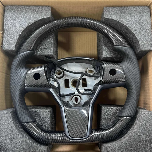 Round Steering Wheel w/ Heating Carbon Fiber For Tesla Model 3 Model Y 2017-2023