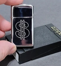Vintage 1997 Slim Dollar Sign Chrome Zippo Lighter - New w Niagara Falls Insert