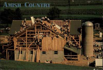 US-Postcard USA Postkarte BARN RAISING in Amish Country, Hausbau in Amerika AK
