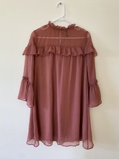 ASOS INFLUENCE MUAVE PINK RUFFLE SLEEVE SHIFT FLOWY DRESS sz 12 uk SMALL