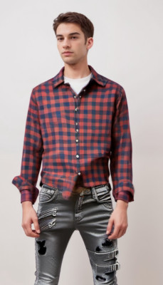 American Eagle Super Soft Butn Shirt Mens S 40x26 31''Slv Coral Blu Plaid Flannel