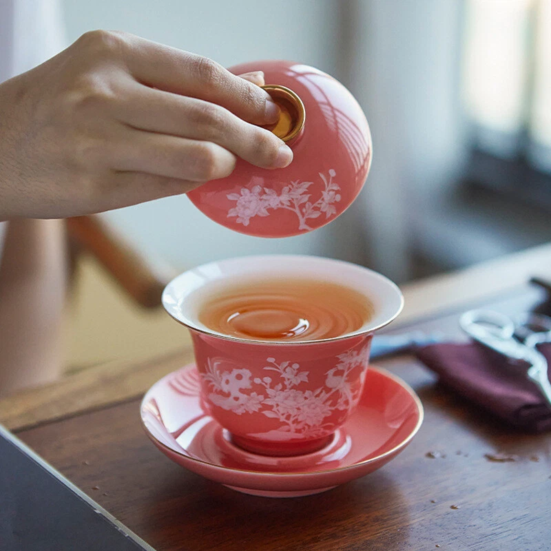 160 мл фарфора Гайван цветок рельеф Sancai чаша блюдце керамическая диафрагма крышка подарок - Изображение 2 из 4