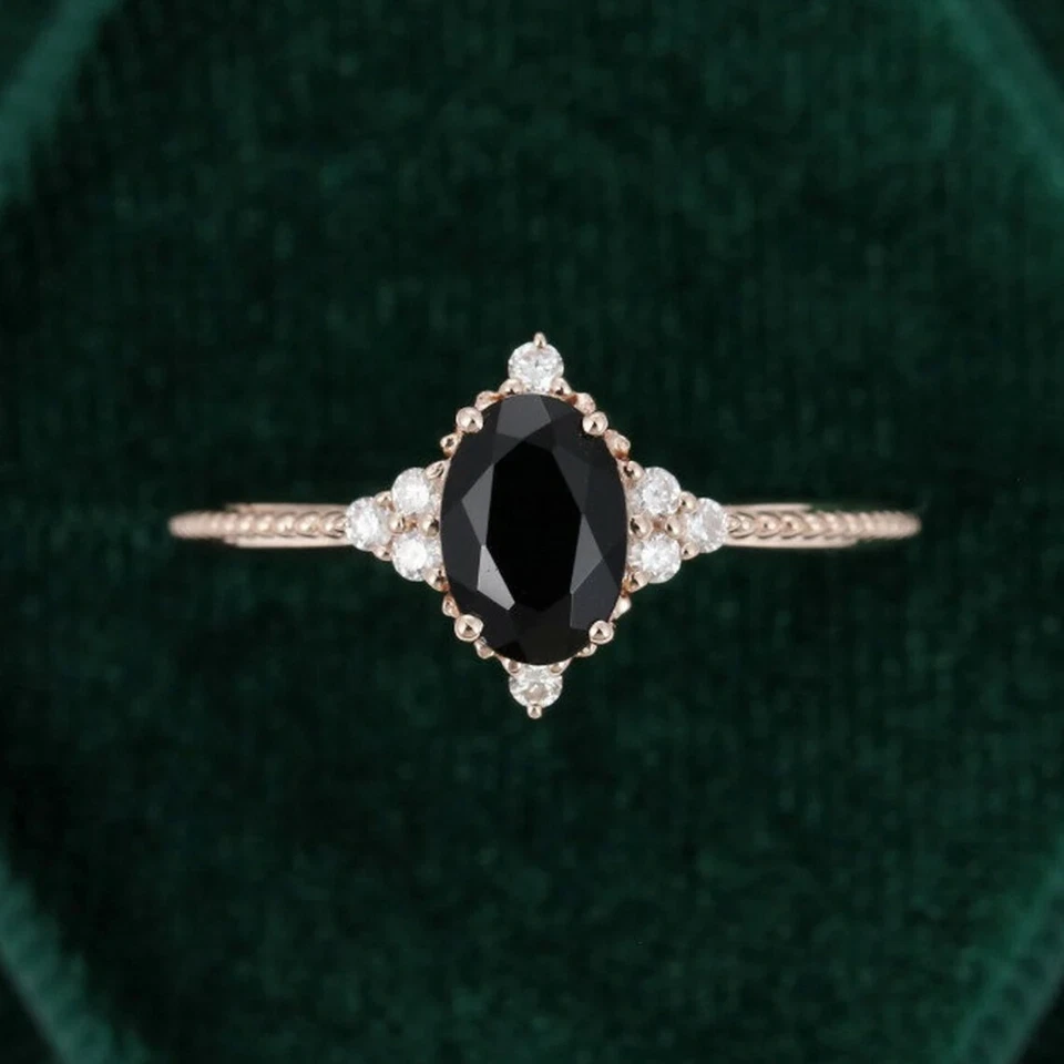 2 克拉椭圆形黑色模拟钻石单颗订婚戒指 14K 镀玫瑰金 — 第 4/4 张图片