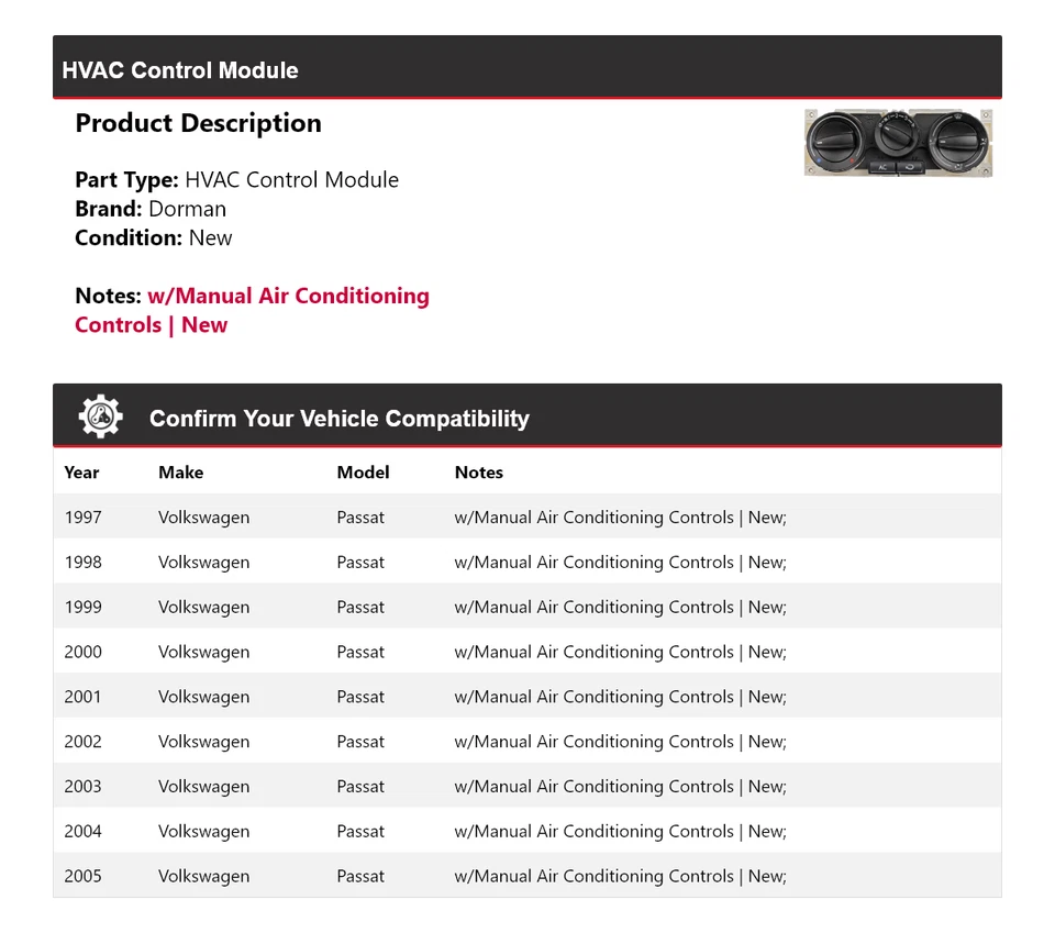 适用于 1997 - 2005 年大众帕萨特 Dorman HVAC 控制模块 1998 1999 2000 2001 — 第 2/4 张图片