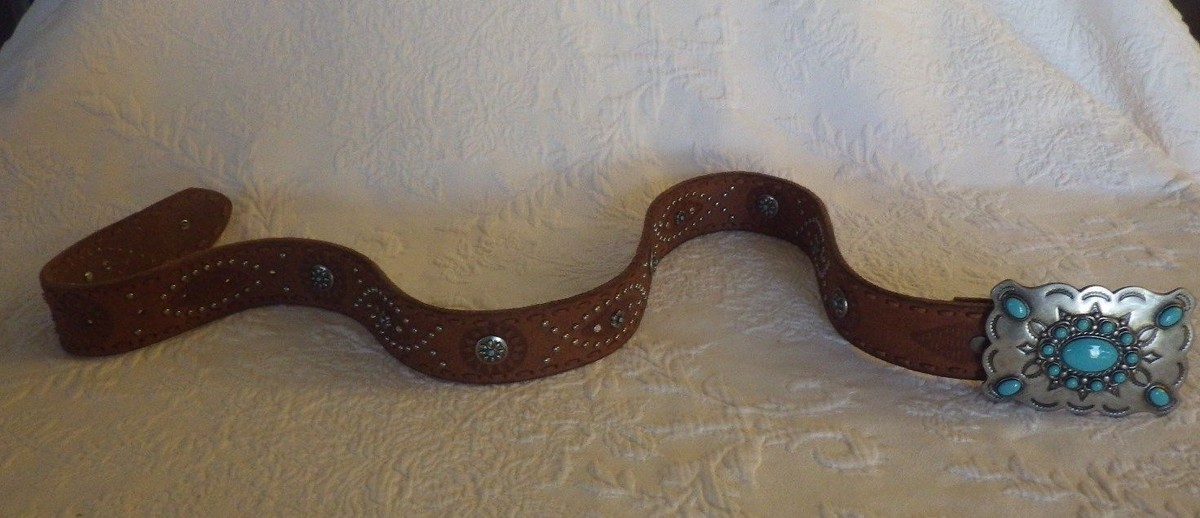 Brown leather and Turquoise Beaded Women\'s Belt- Adjustable size Handmade Beaded Full Grain Leather Belt: Western Aztec  main image 2