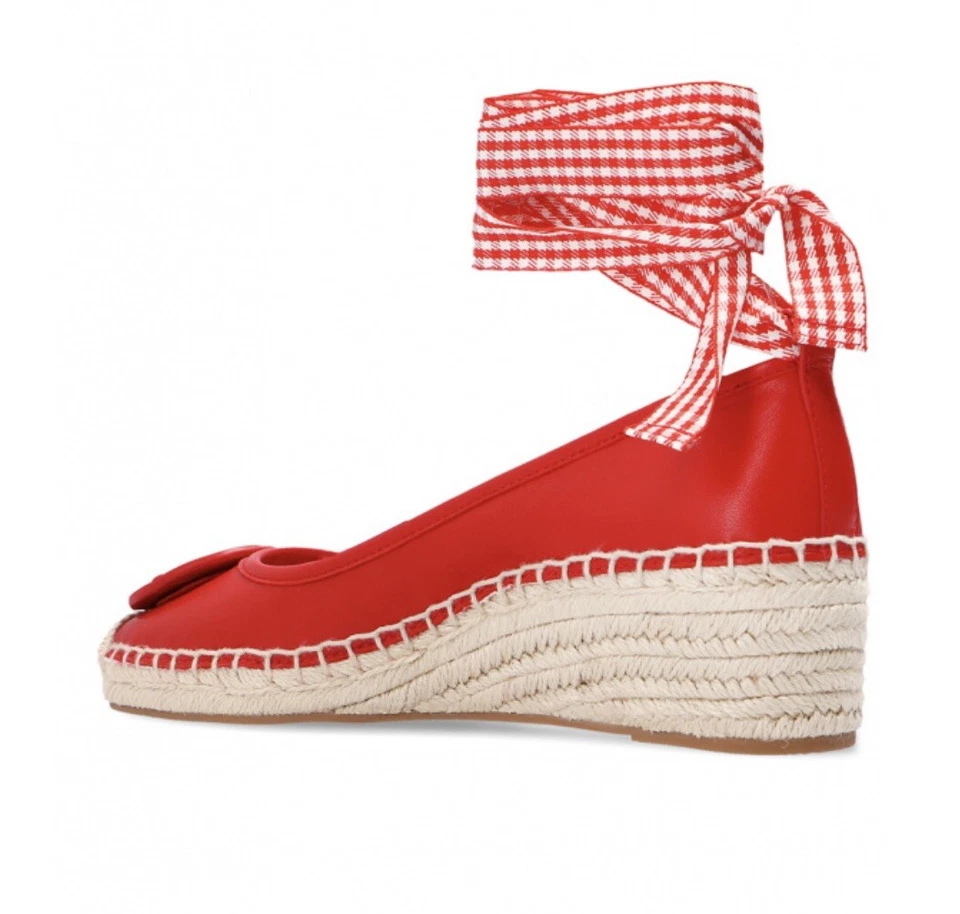 NWB TORY BURCH MINNIE BALLET ESPADRILLE WEDGE NAPPA LEATHER HERRINGBONE RED 8,5 - Image 3 of 4