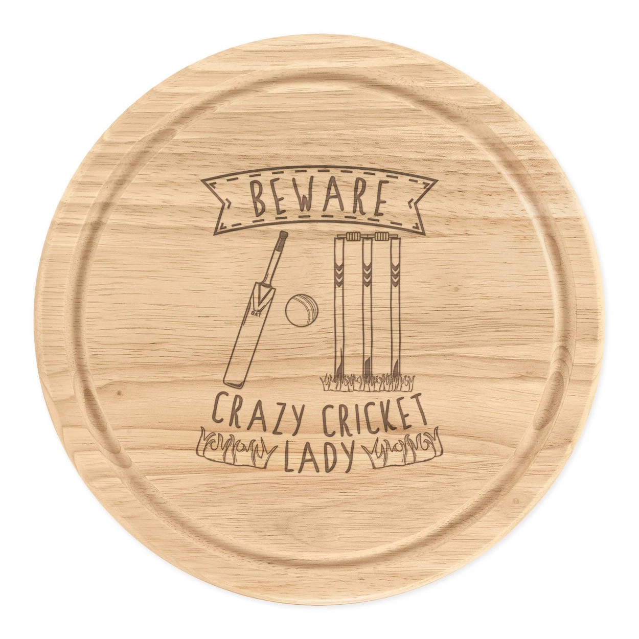 Beware Crazy Cricket Lady Round Chopping Cheese Board Funny Sport