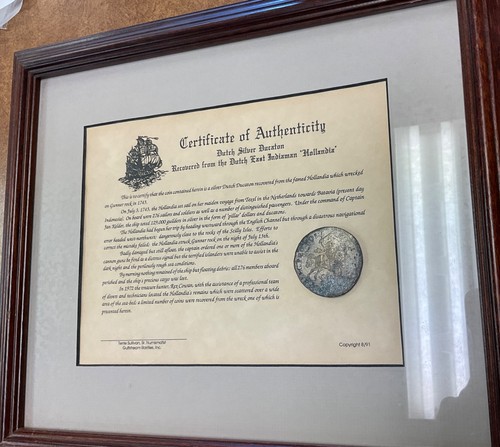 1743 Hollandia Shipwreck Dutch Silver Ducaton nice Coin with COA Framed.