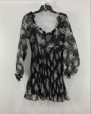 Lulus Womens Black Floral Pleated Puff Sleeve A Line Mini Dress Size M