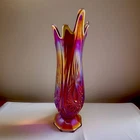 VTG  Indiana Glass Heirloom Sunset Carnival Amberina Swung Vase Iridescent 11” T