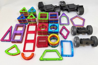 Magformers Magnetic Tiles Lot of 110 With Vehicle Parts
