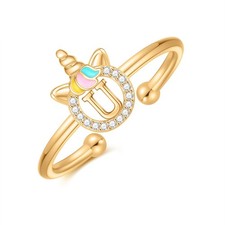 Valentine  s Day Gifts for Kids - Unicorn Initial Ring for Girls, 14K Gold Plated
