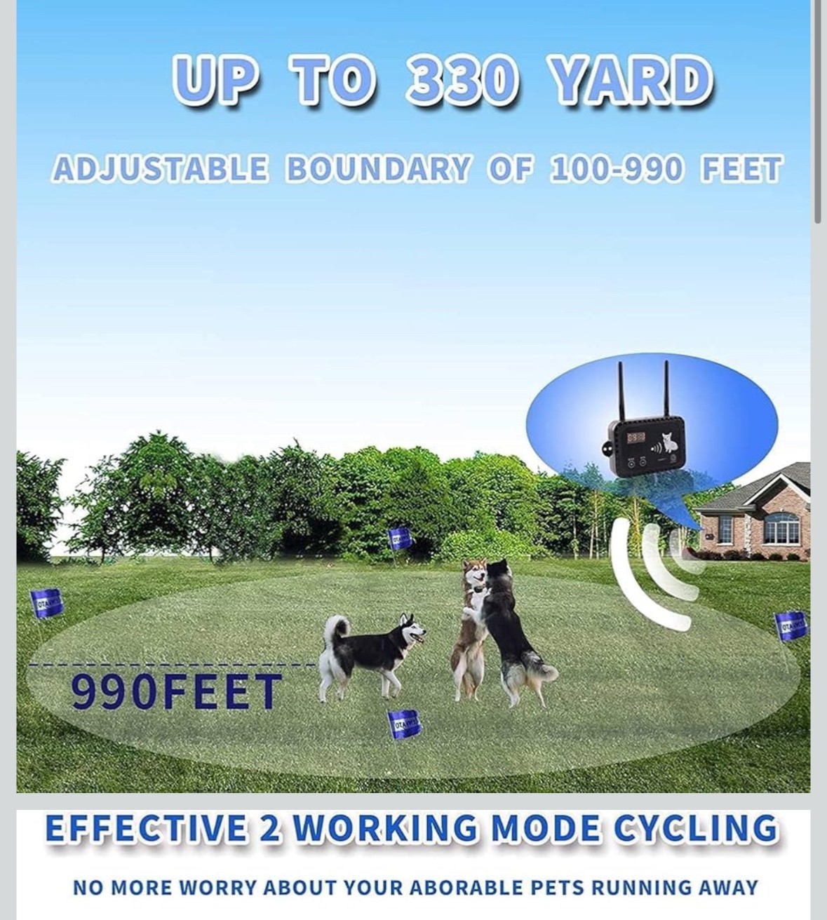 100% Wireless Dog Fence Pet Containment System 2 Collars for 100-990ft Coverage