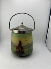 ANCIEN Pot à BISCUITS en VERRE émaillé Métal à Décor Bateaux Signé V. STEVENART
