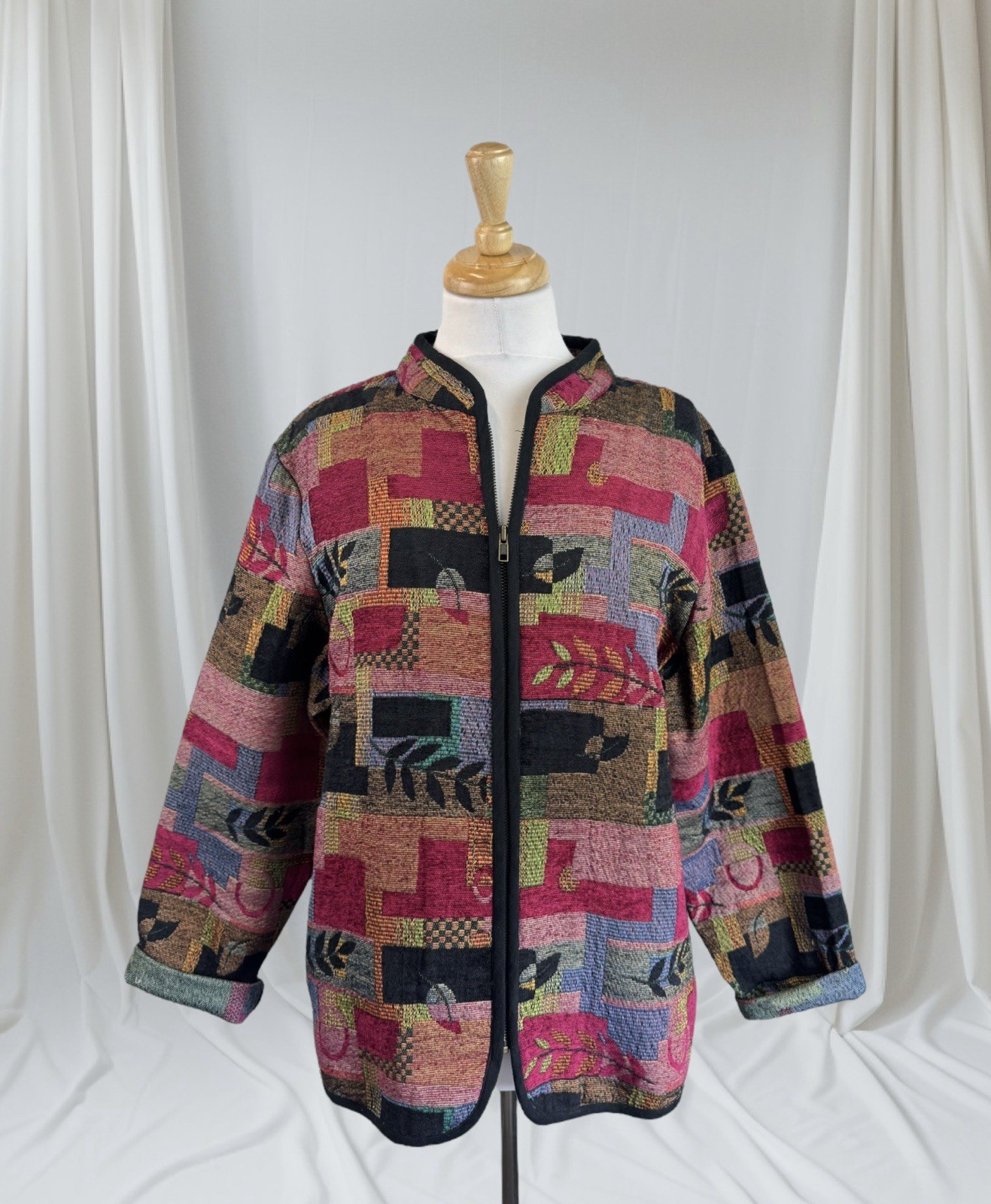 Boho Patchwork Tapestry Jacket Leaves Cottage Rus… - image 2