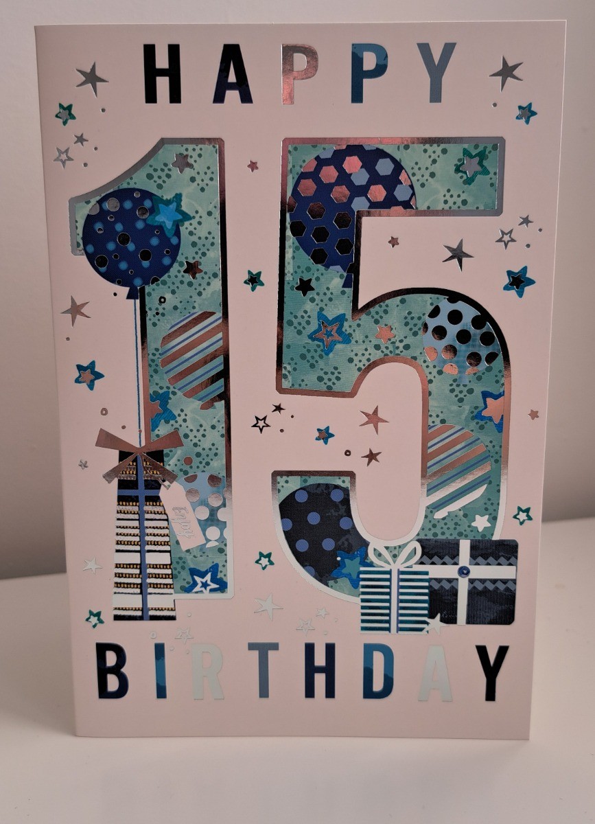 Boys 15th Birthday Card. 19x13cm