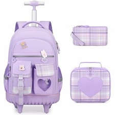 Rolling Backpack for Girls - Roller Wheels School Bookbag with Lunch Purple