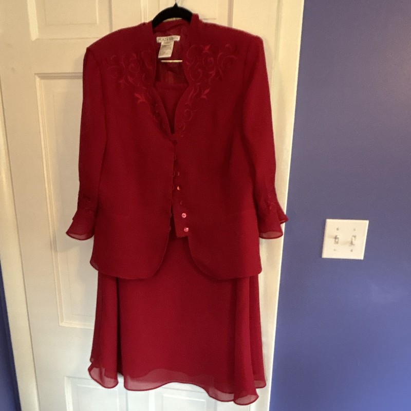 Plaza South 2pc Jacket & Skirt Set 18 Red Embroidered Lined V-Neck 3/4