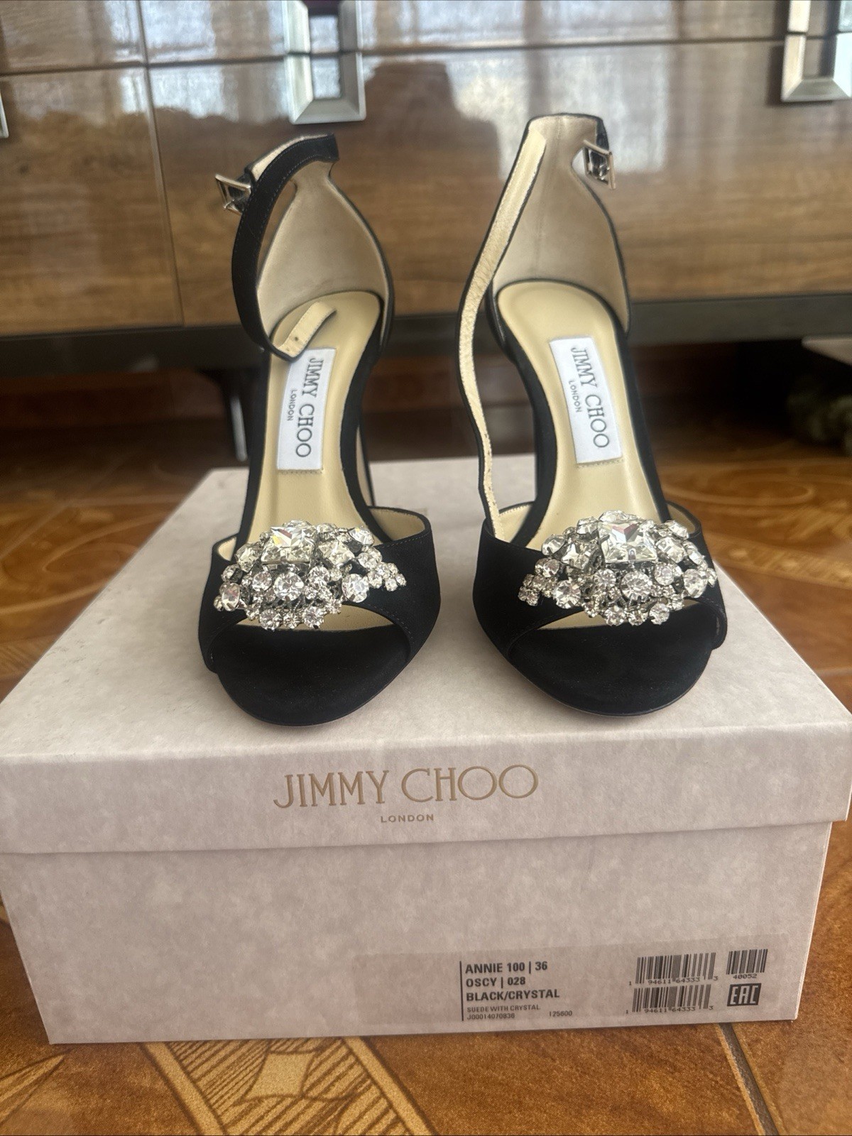 Jimmy Choo Black Crystal Strappy Suede Stiletto Heels Open Toe Women's EU 36