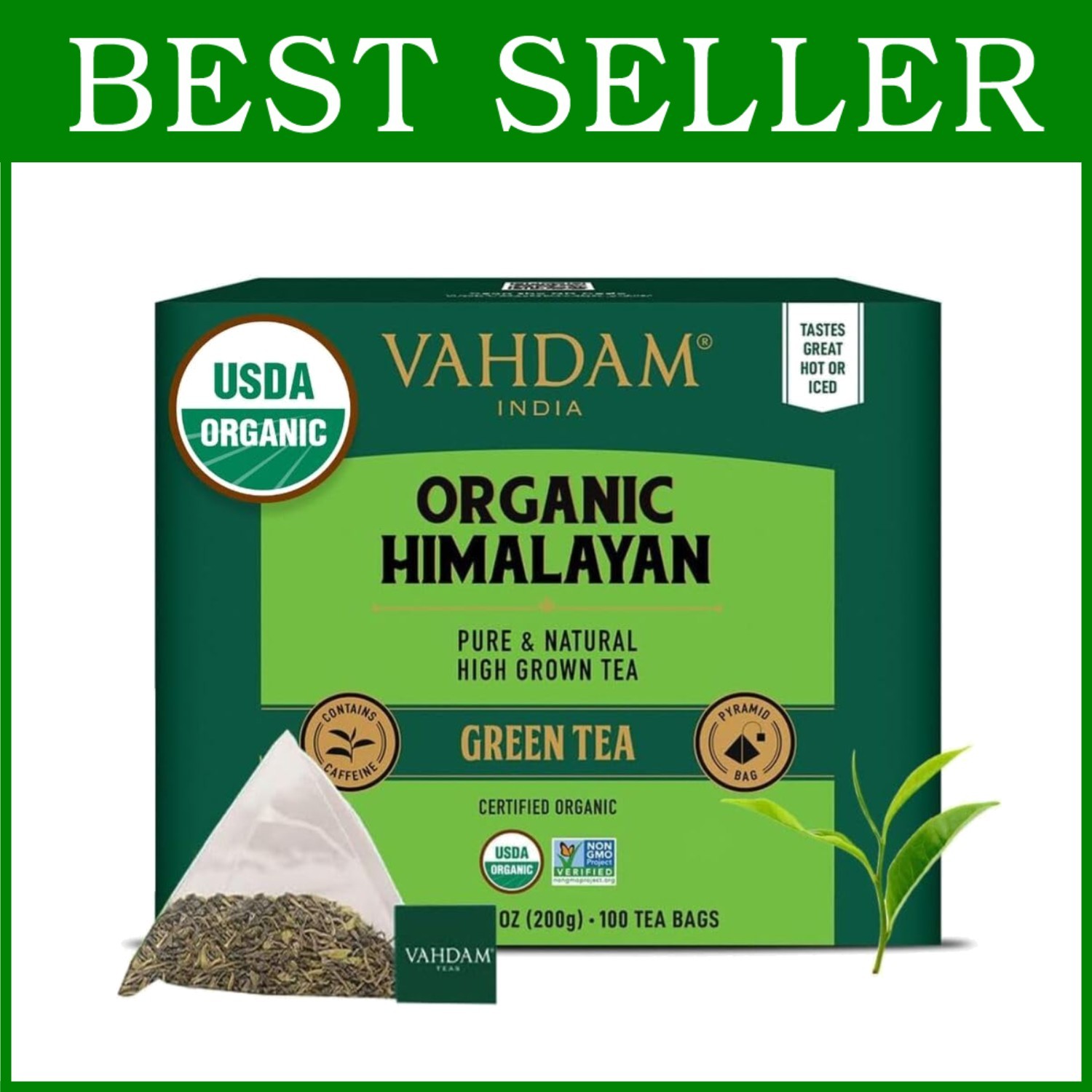 USDA Organic Green Tea, 100 Pack | Low Caffeine & Resealable