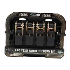  4 pc 1" x 15' Camo Ratchet Tie Down Set - 1500 LB Break Strength - Tie Down 