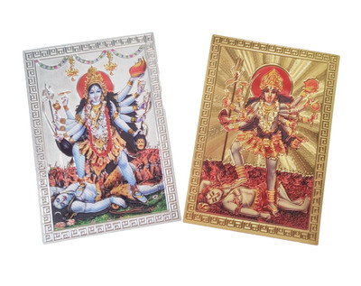 2 Pcs Picture Maa Kali Kaali Ten Hands Stand Shiva Brave Image Hindu Gold Silver
