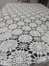 Hand Crocheted Vintage Tablecloth Grannycore Cottagecore Oval 108 In X 79 In