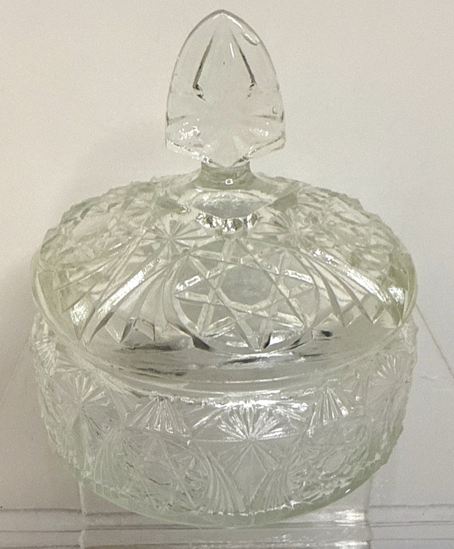 Vintage Pressed Clear Glass Vanity Dresser Powder Jar, Lidded Star, Floral EAPG