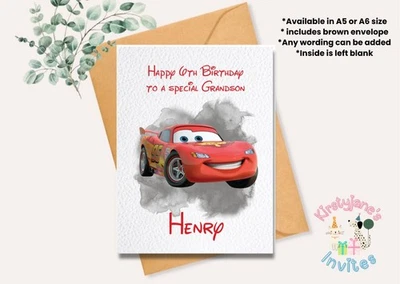 KIRSTYJANE'S INVITES PERSONALISED GREETINGS CARD BIRTHDAY DISNEY CARS LIGHTENING MCQUEEN SON GRANDSON