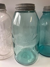 Vintage Ball Mason 1/2 Gallon Teal Fruit Jar 1900-1911, Ball Zinc Lid, #5 Base