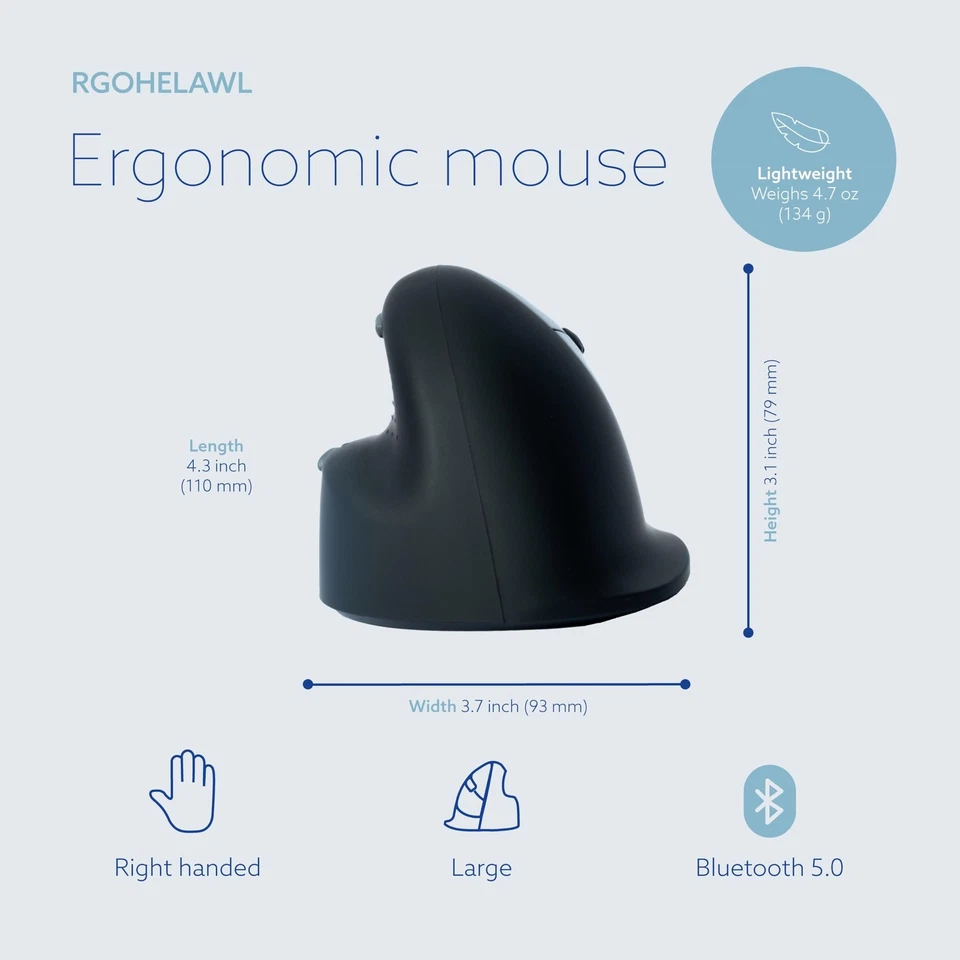 R-Go HE Vertical Ergonomic Mouse, Wireless Bluetooth 5.0, for Large Hand, wit... - Image 3 of 4